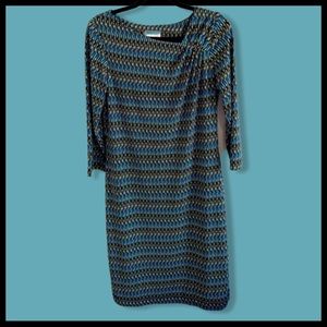 CALVIN KLEIN shift style dress with asymmetrical neckline.